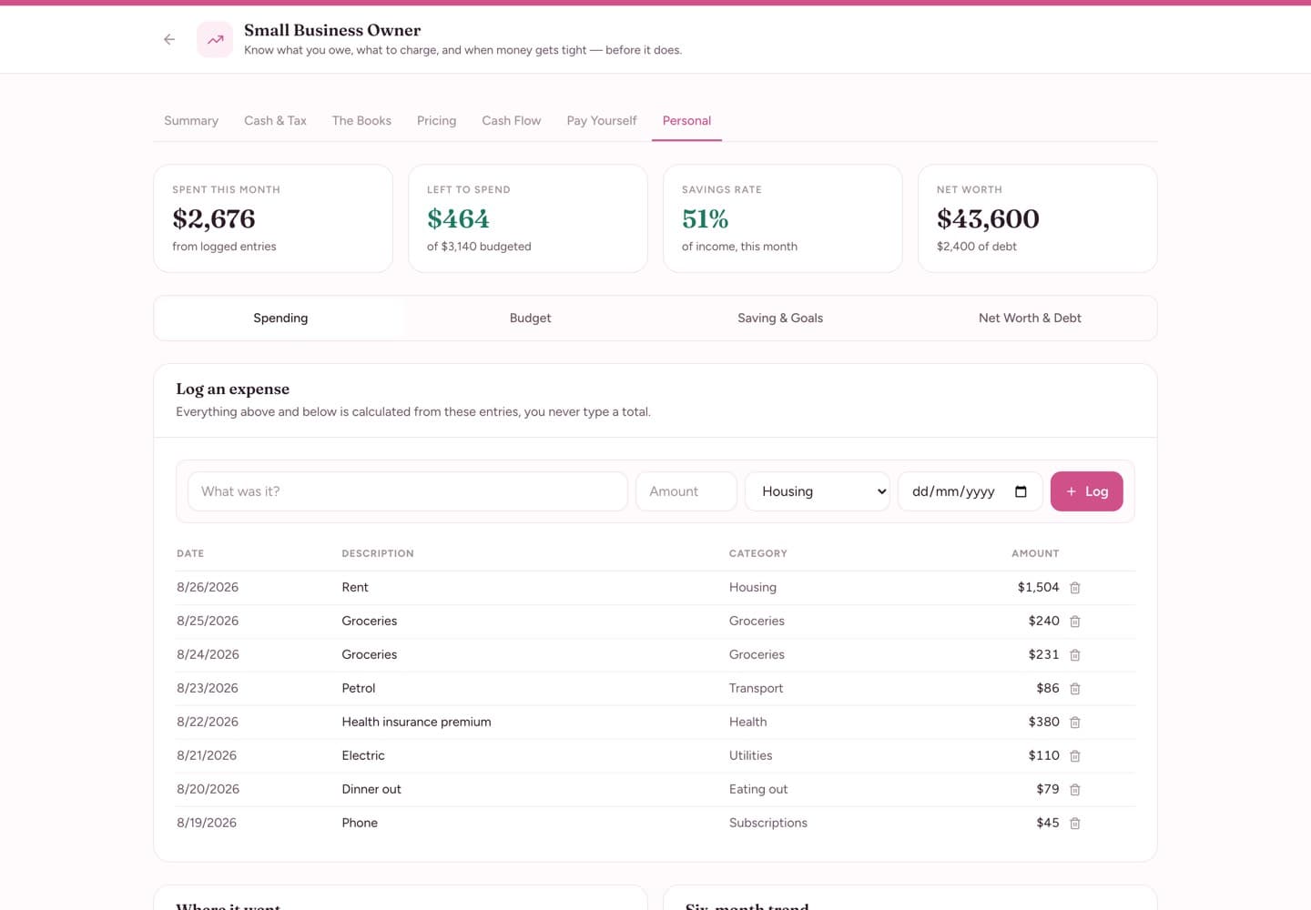 Small Business Owner — Personal — spending, budget, savings and net worth