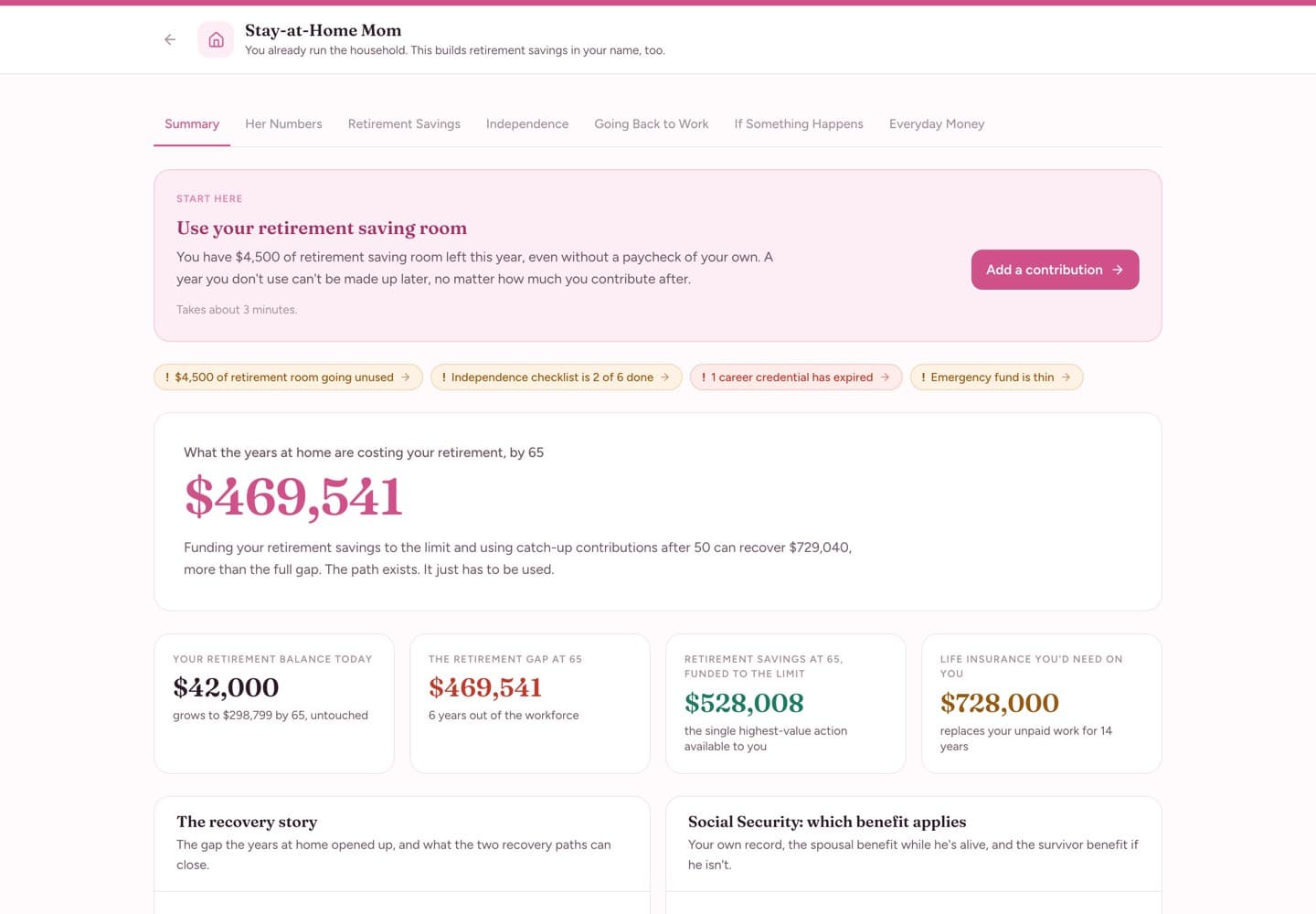Stay-at-Home Mom — Summary — your own financial position, at a glance