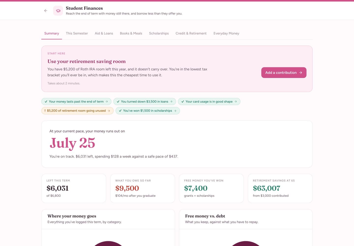 Student Finances — Summary — what needs attention, and the date your money runs out